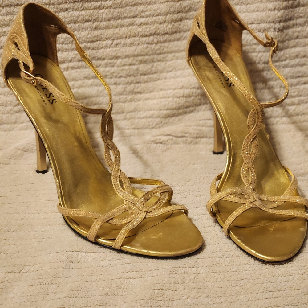Gold Sparkle Guess Heels sz 10 T straps